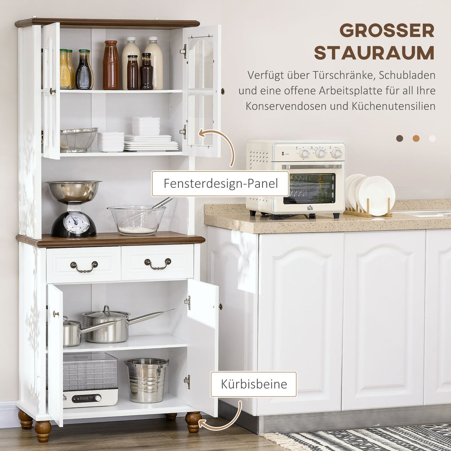 White tall kitchen cabinet - 2 drawers, open display, soft close