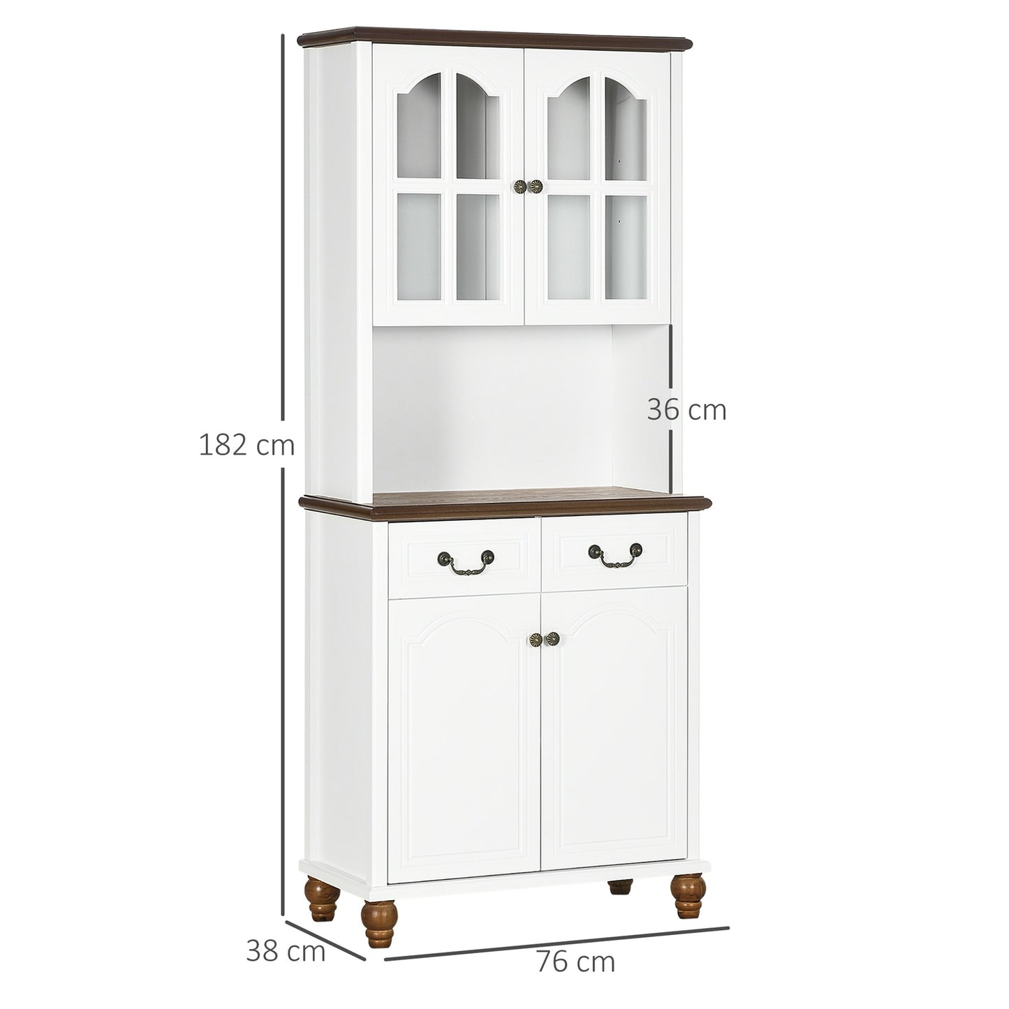 White tall kitchen cabinet - 2 drawers, open display, soft close