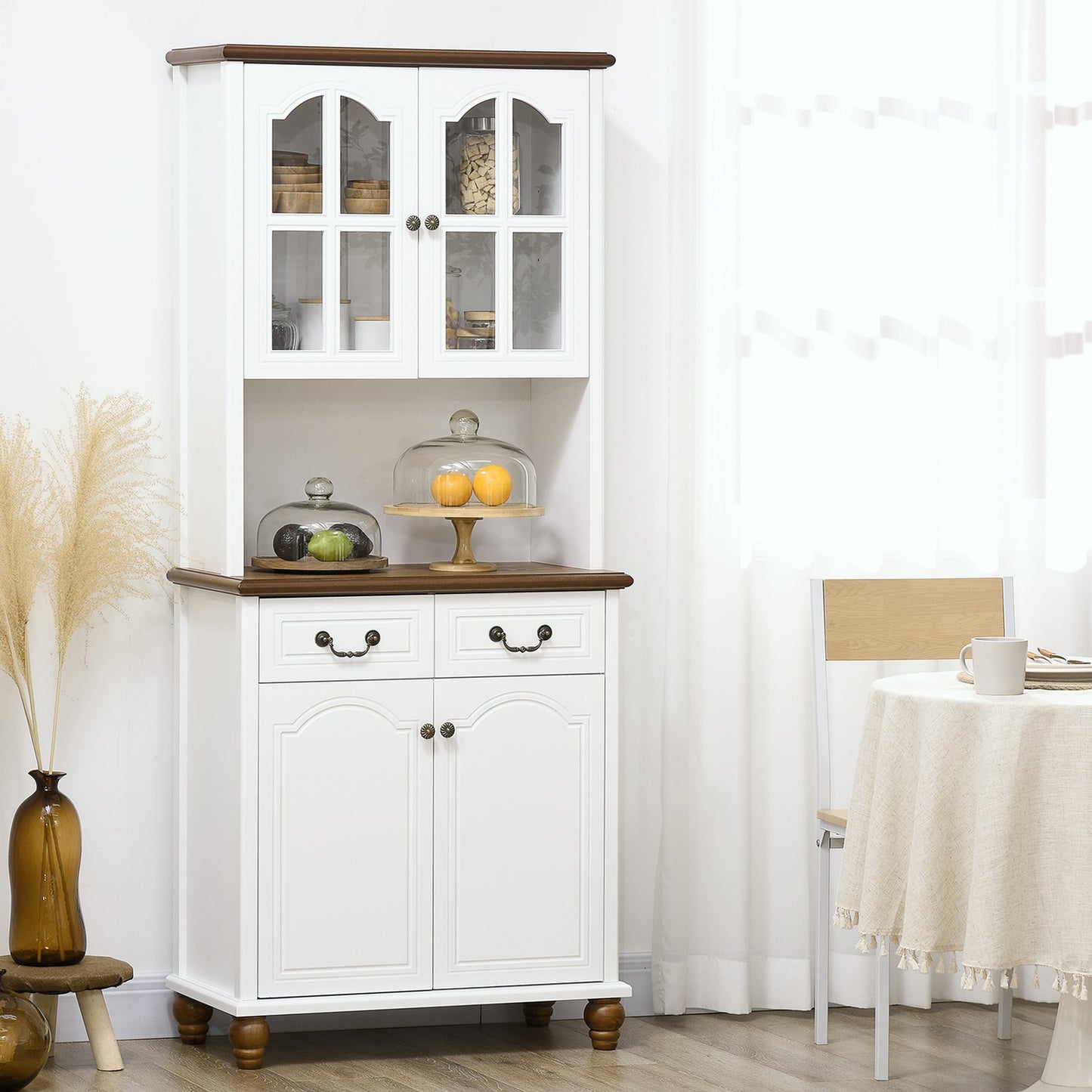 White tall kitchen cabinet - 2 drawers, open display, soft close