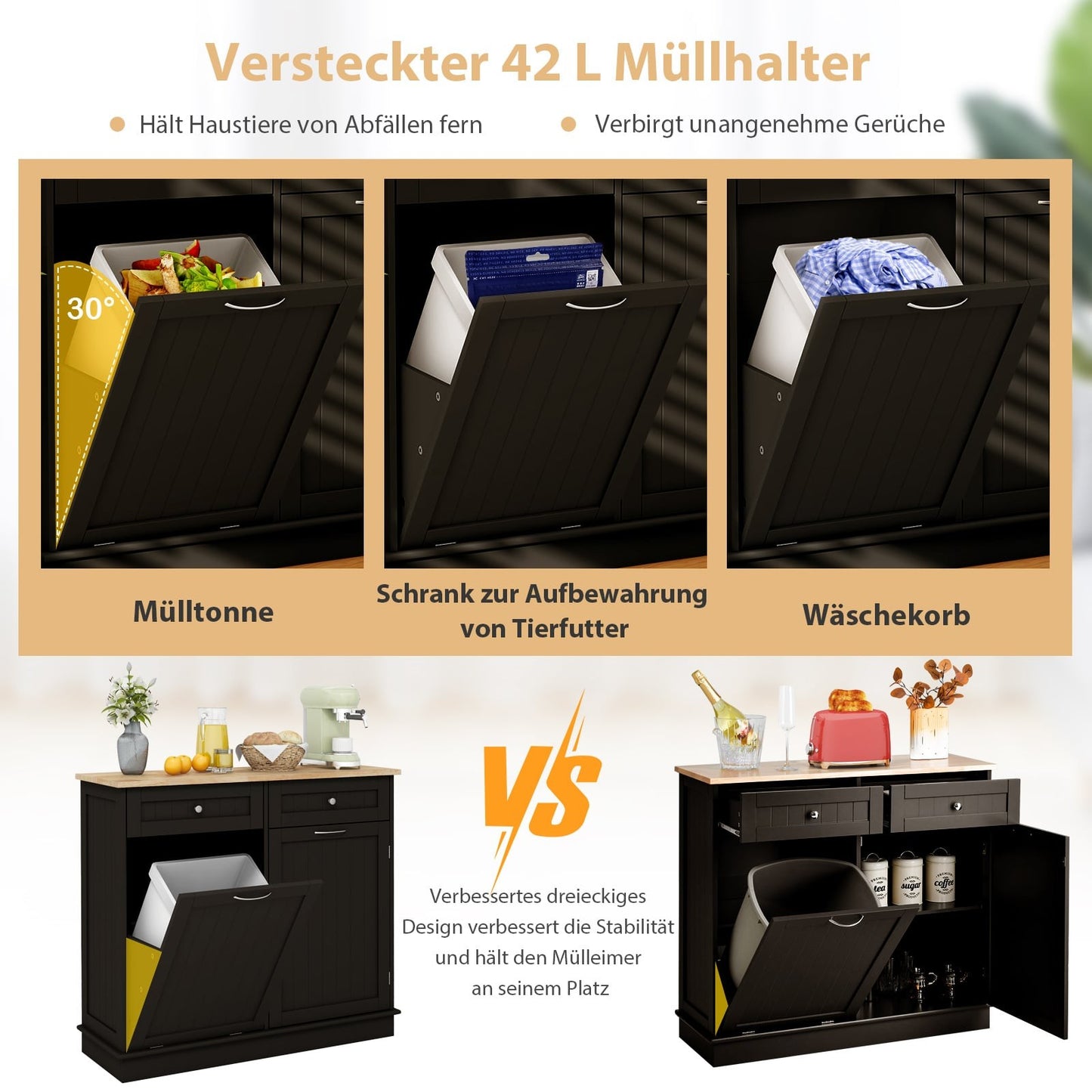 Kitchen Cabinet for 42L Trash Bin with Drawers & Shelf