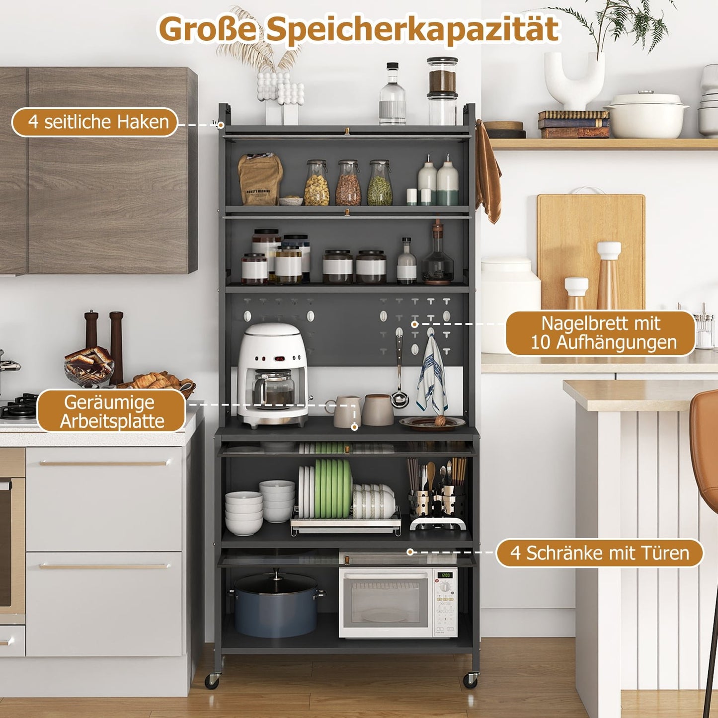 Kitchen Cabinet with 6 Shelves, Gray, Microwave Shelf