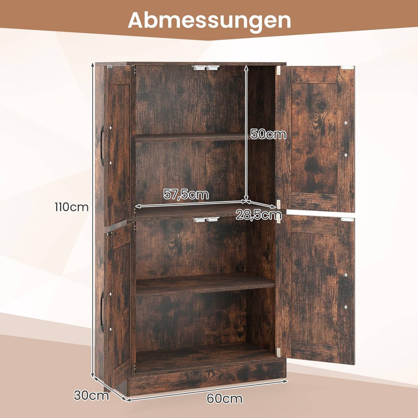 Kitchen Cabinet with Adjustable Shelves, 4 Doors, Brown