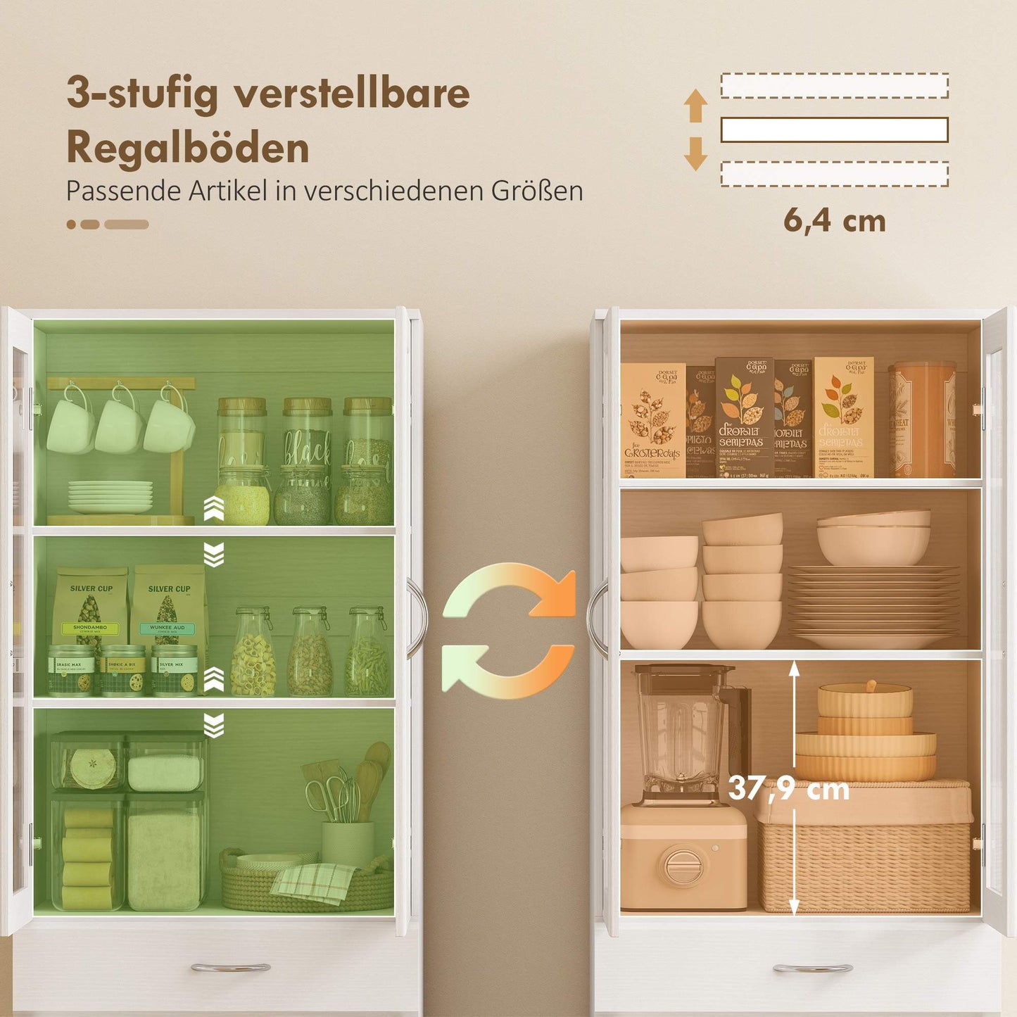 Kitchen Cabinet with Adjustable Shelves, Drawer, Glass Door, White, 60x35x180 cm