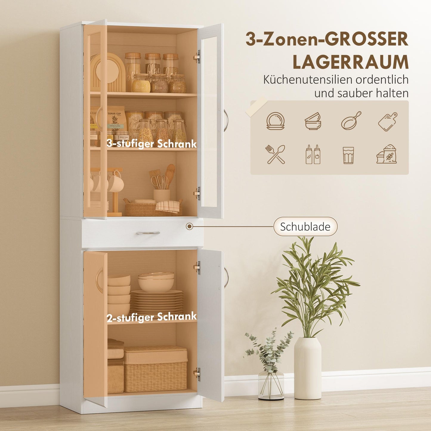 Kitchen Cabinet with Adjustable Shelves, Drawer, Glass Door, White, 60x35x180 cm
