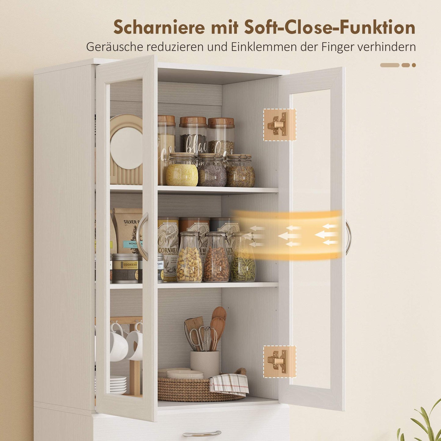 Kitchen Cabinet with Adjustable Shelves, Drawer, Glass Door, White, 60x35x180 cm