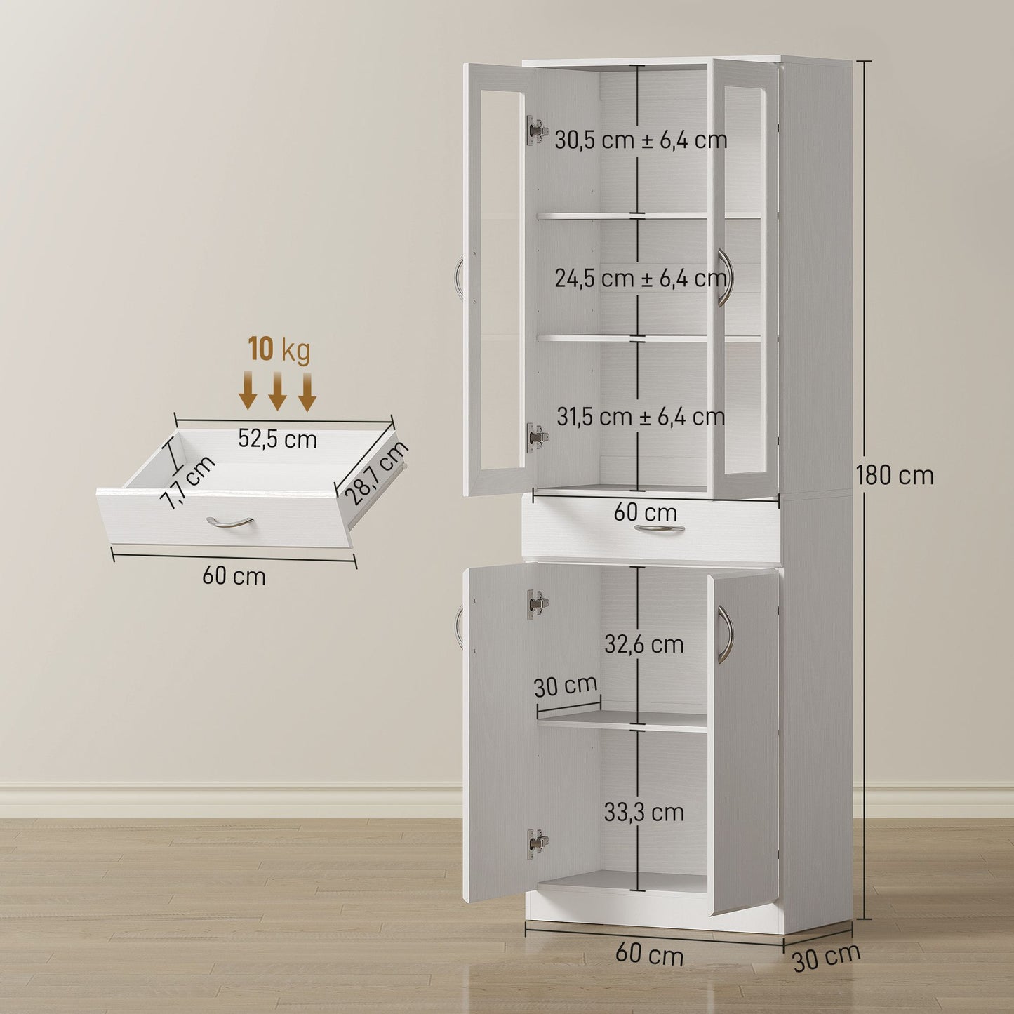 Kitchen Cabinet with Adjustable Shelves, Drawer, Glass Door, White, 60x35x180 cm