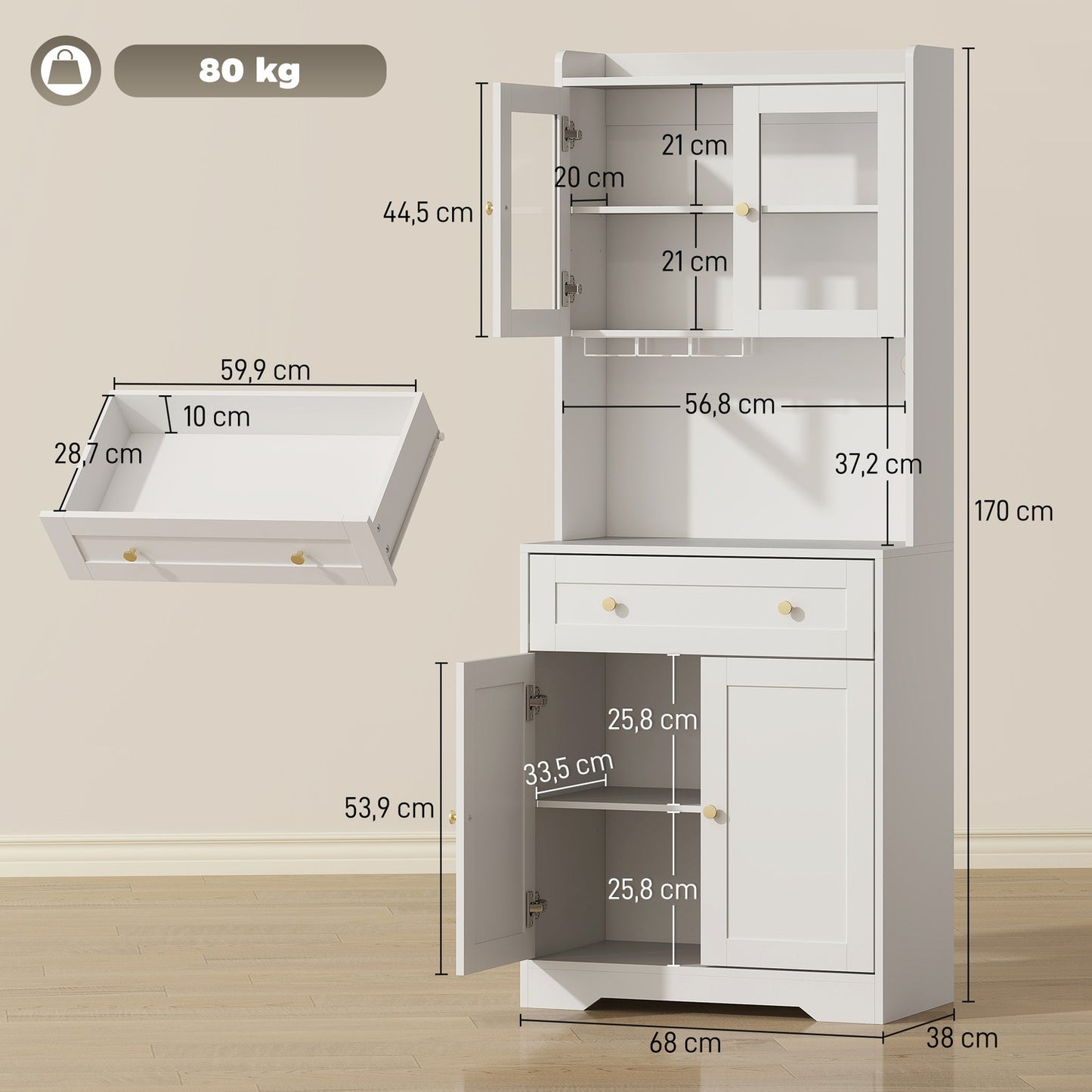 Kitchen Cabinet with Countertop, Wine Glass Holder, 170 cm, MDF, White