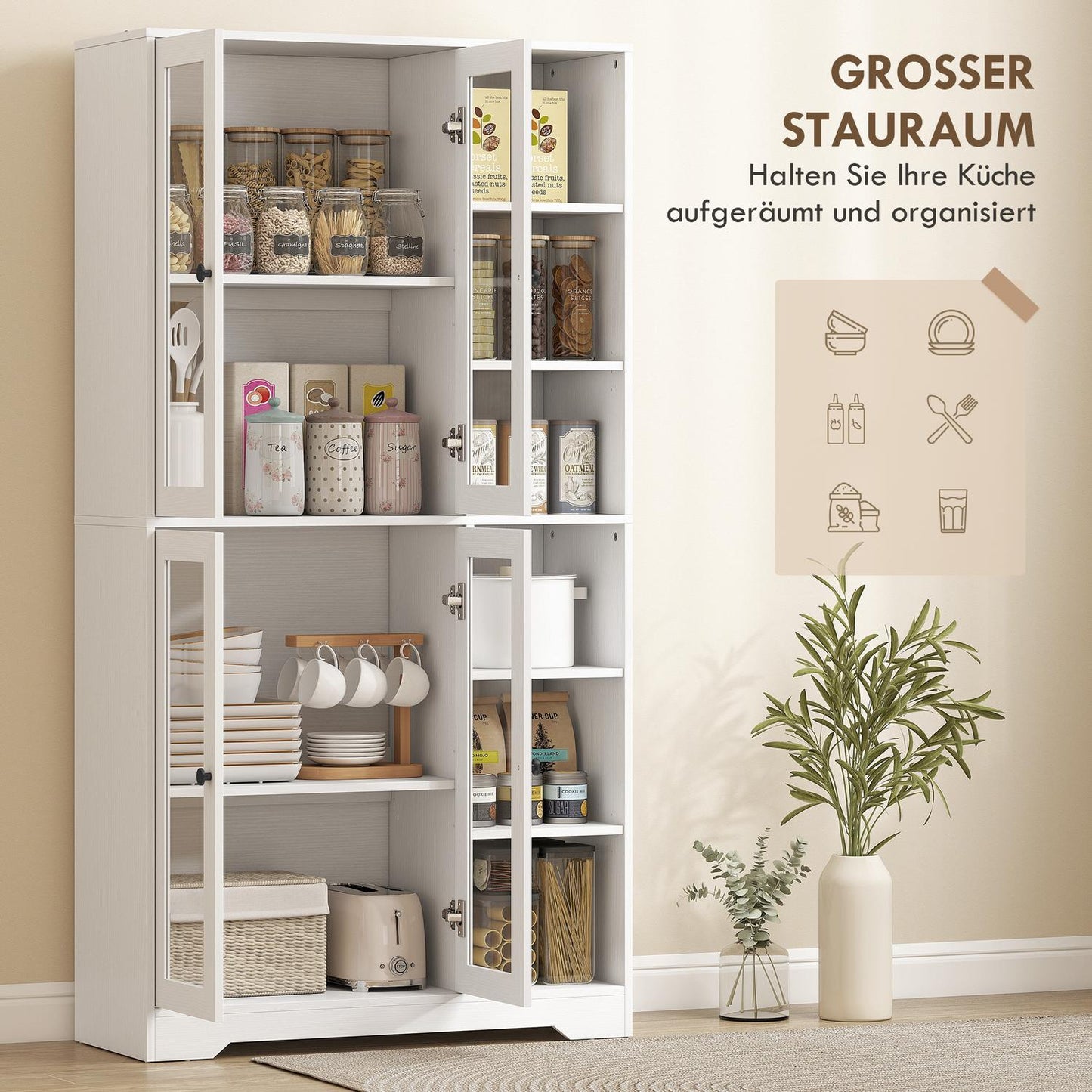 Kitchen Cabinet with Glass Doors, Shelves, 172 cm, White MDF