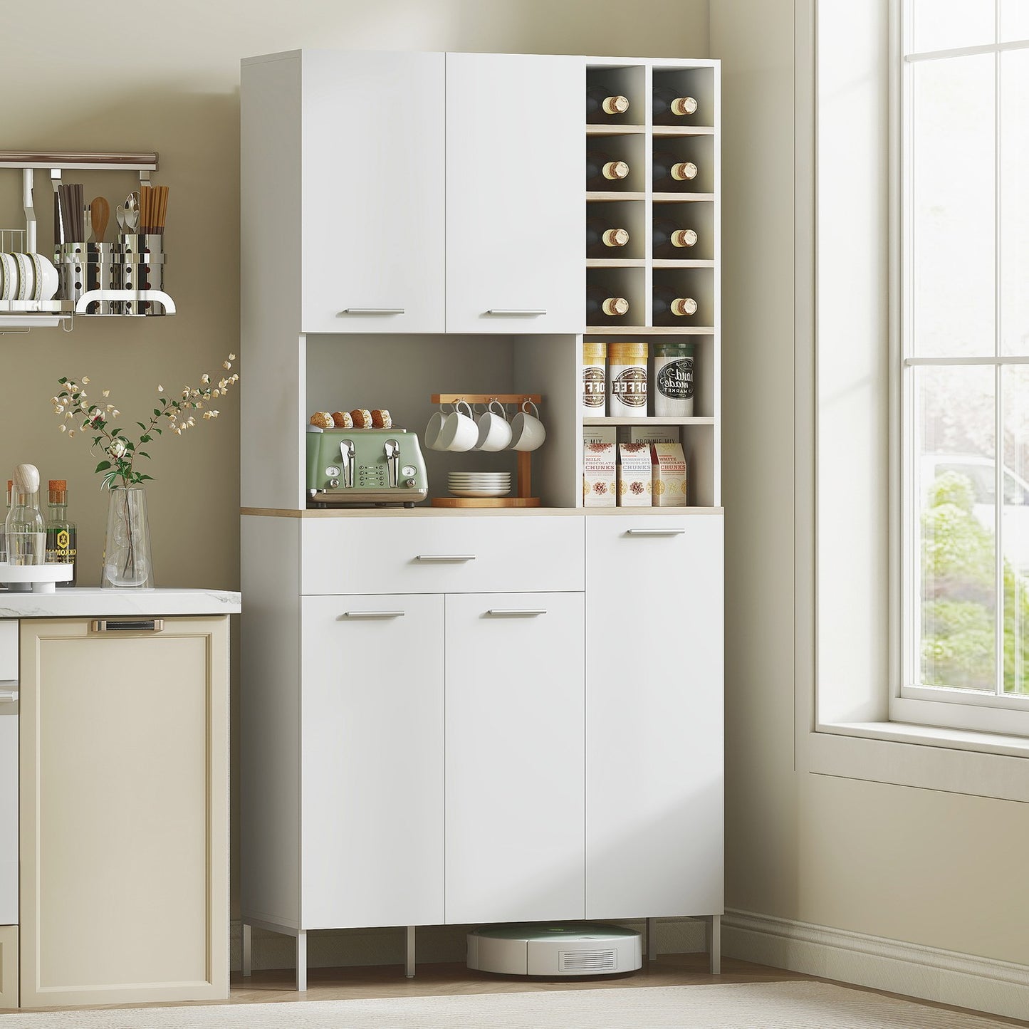 Kitchen Cabinet with Open Shelves, Wine Rack, White MDF