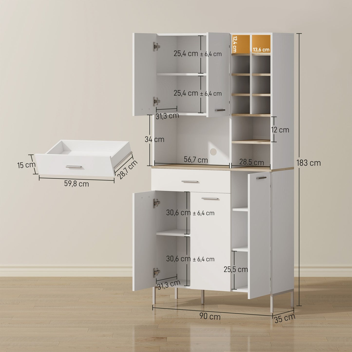 Kitchen Cabinet with Open Shelves, Wine Rack, White MDF