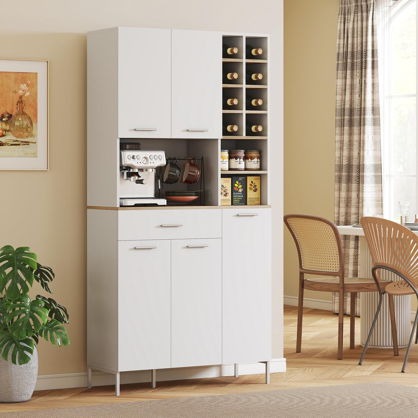 Kitchen Cabinet with Open Shelves, Wine Rack, White MDF