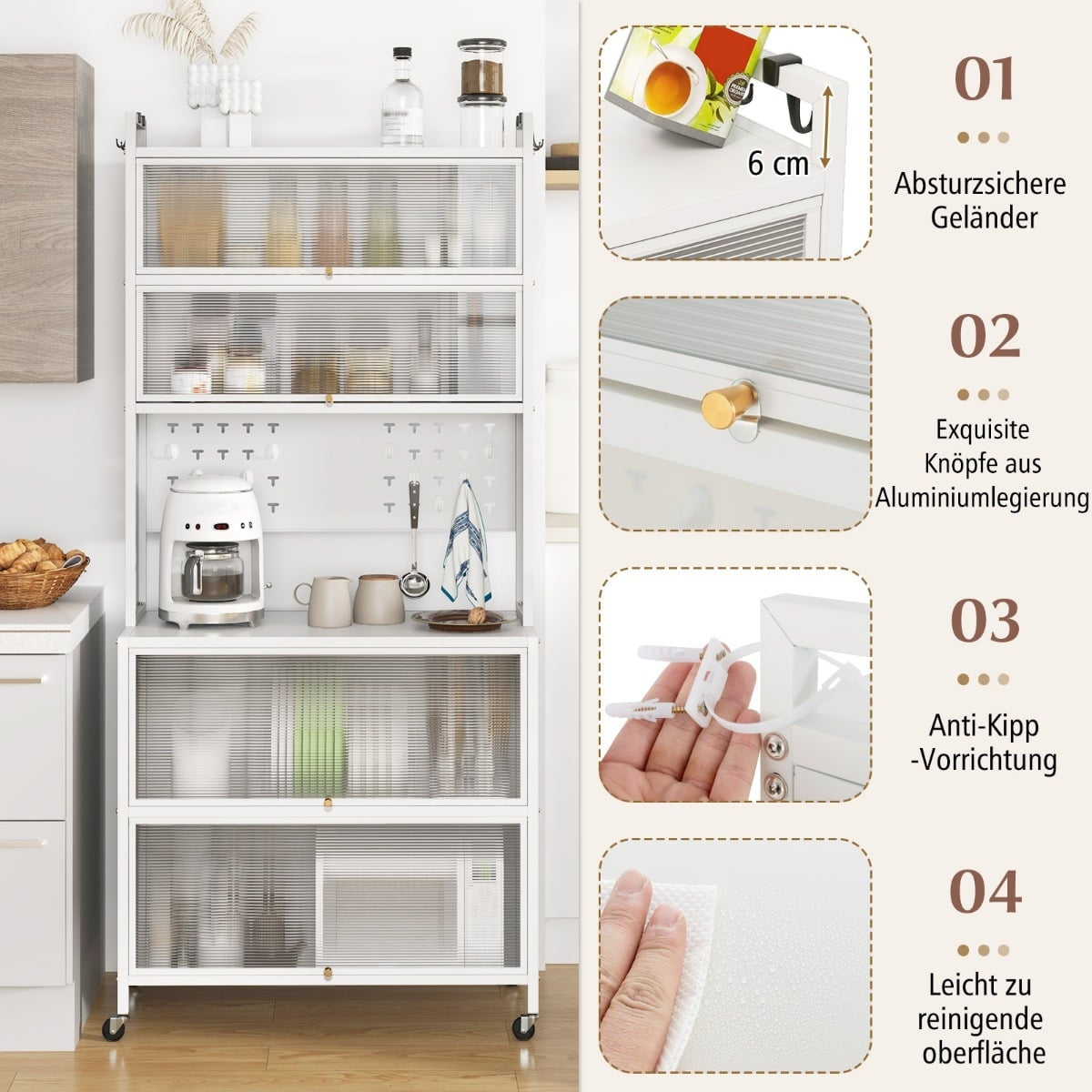 Kitchen Cabinet with Shelves, Hooks, and Wheels, White
