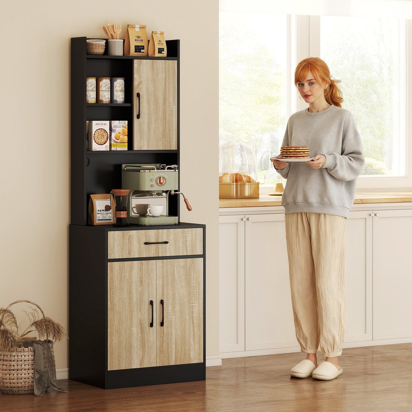 Kitchen Cabinet with Workspace, Cable Hole, Drawer, 3 Shelves