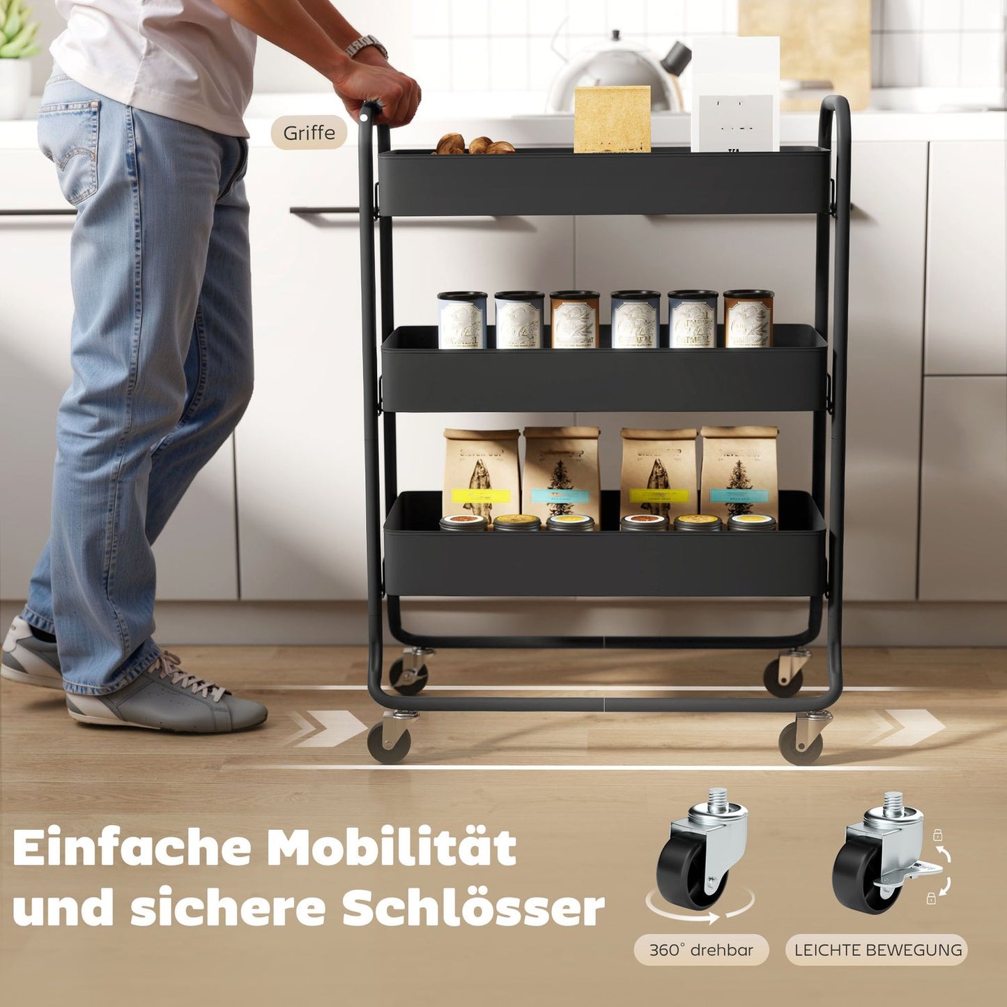 Kitchen Cart, 3 Baskets, 4 Wheels, Metal, Black