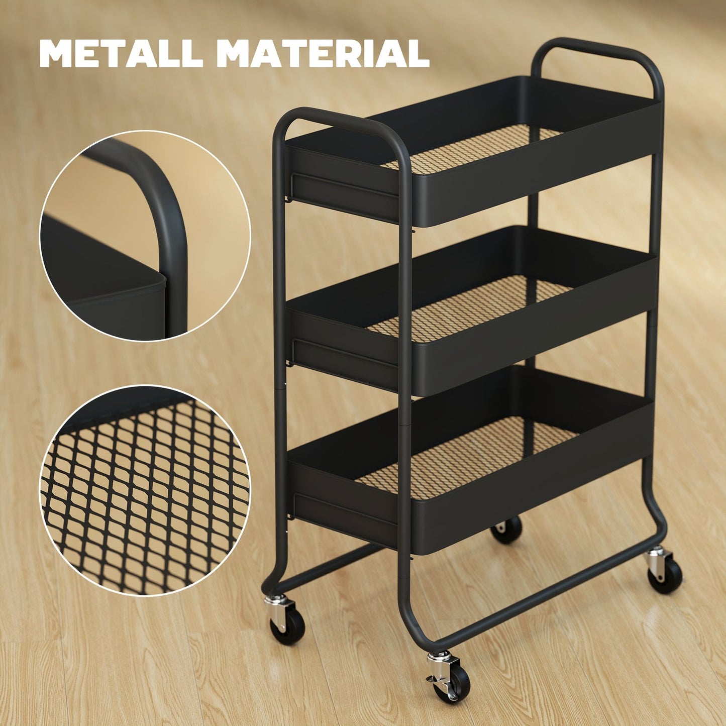 Kitchen Cart, 3 Baskets, 4 Wheels, Metal, Black