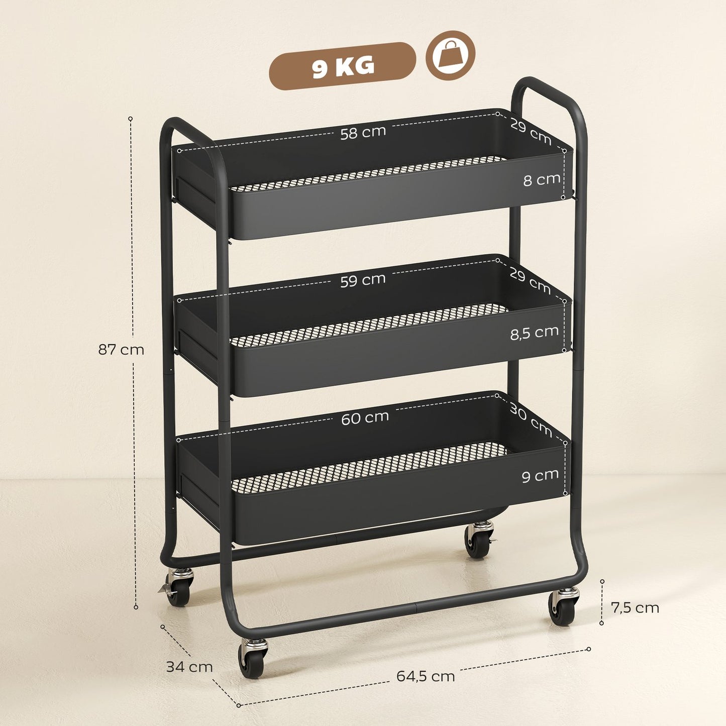 Kitchen Cart, 3 Baskets, 4 Wheels, Metal, Black