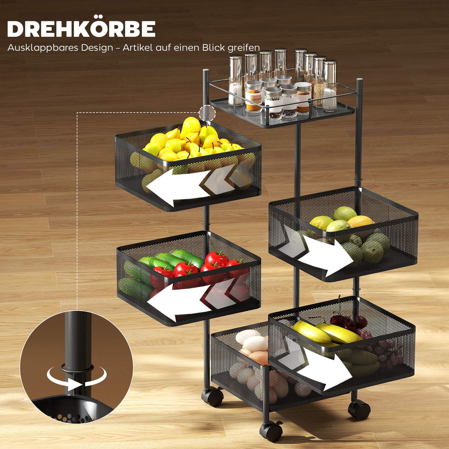 Kitchen Cart, 5 Rotating Baskets, Metal Frame, Black