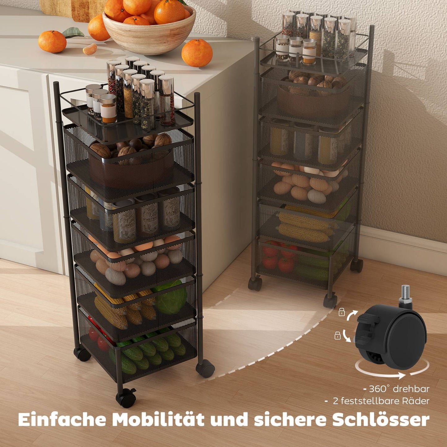 Kitchen Cart, 5 Rotating Baskets, Metal Frame, Black