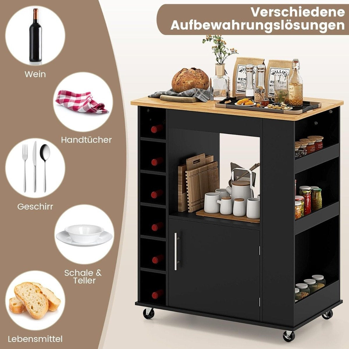 Kitchen Cart with Bamboo Top, Spice Rack, Towel Holder