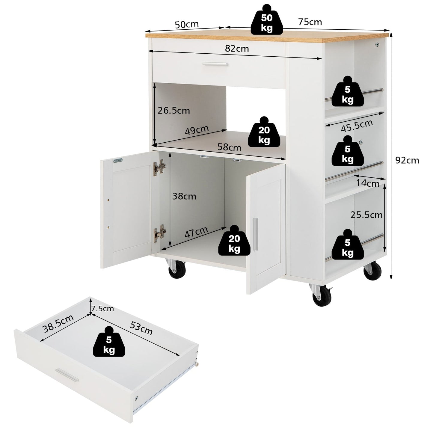 Kitchen Cart with Countertop, Drawer, Spice Racks, White