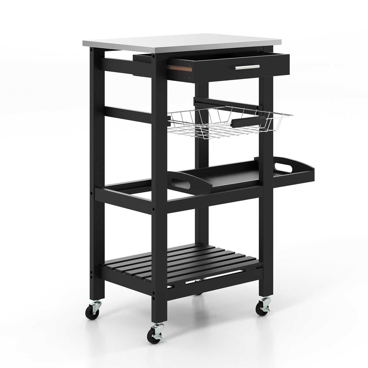 Kitchen Cart with Stainless Steel Top, Black, 47x39x85 cm