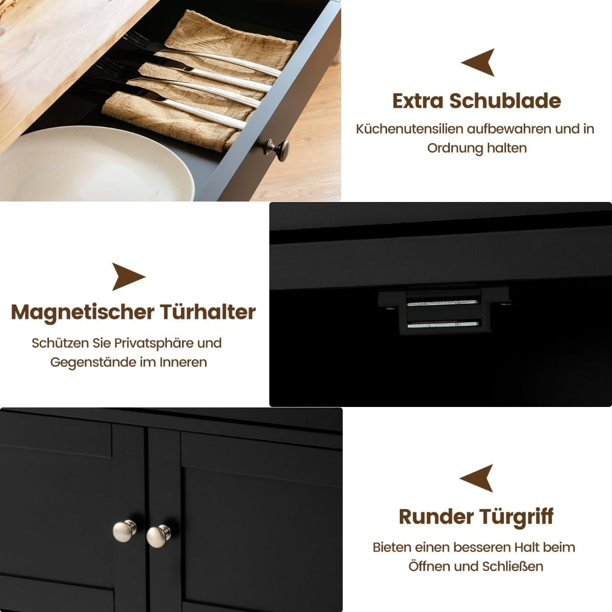 Kitchen Cart with Wood Top, Drawer, Black, 67x37x86.5 cm