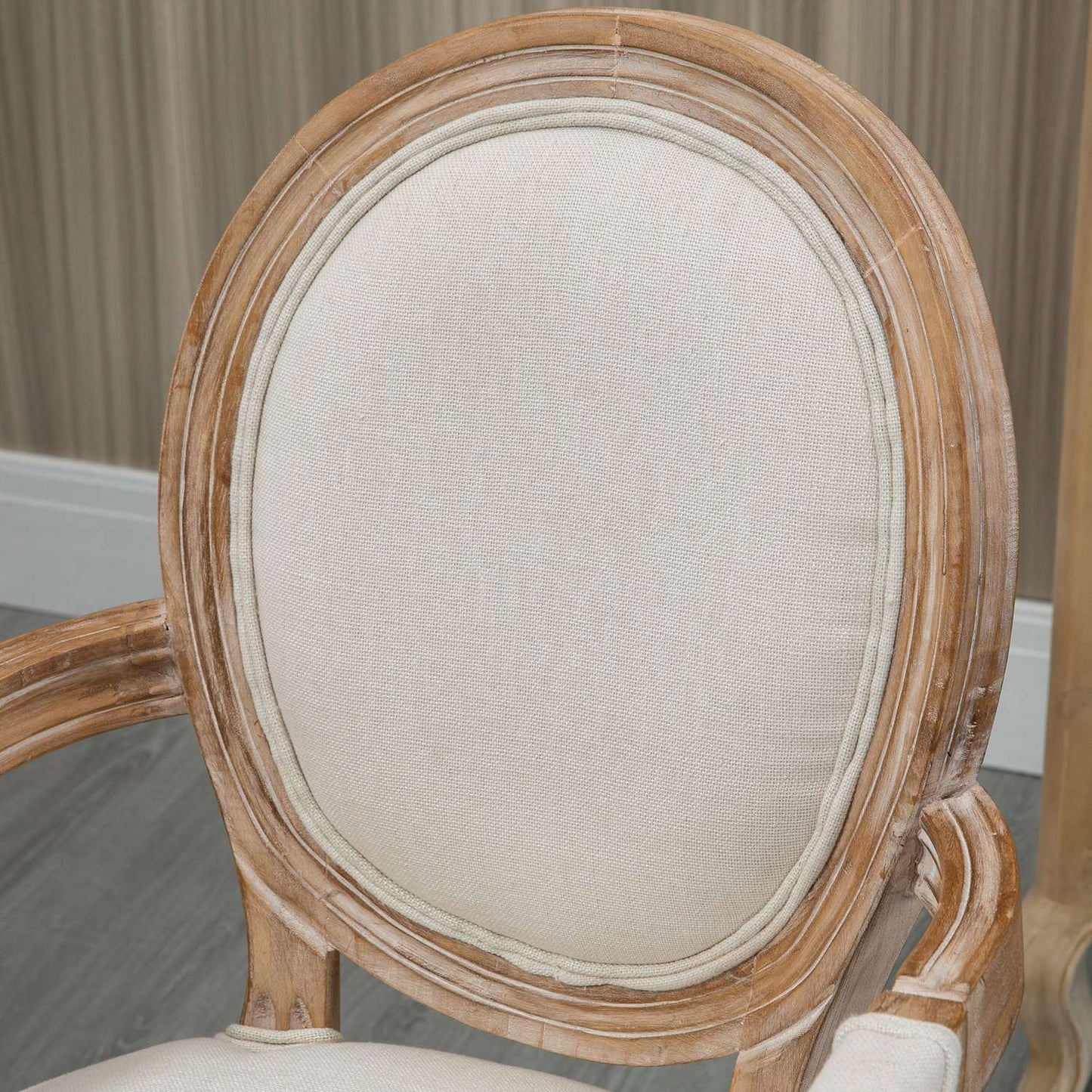 Cream upholstered dining chair, wooden legs, 150 kg capacity