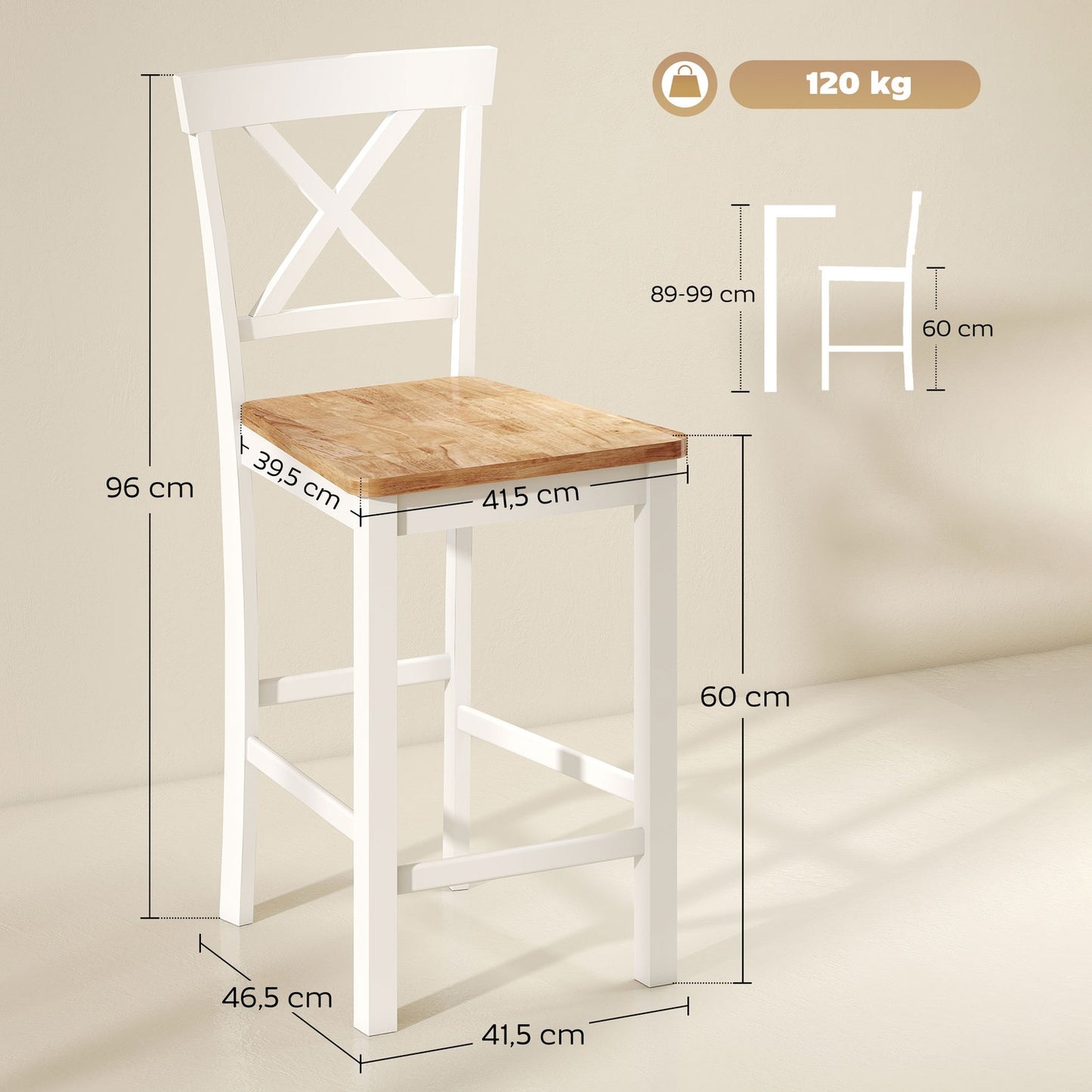 Kitchen Chairs Set of 2, Rubberwood, White Spindle Back