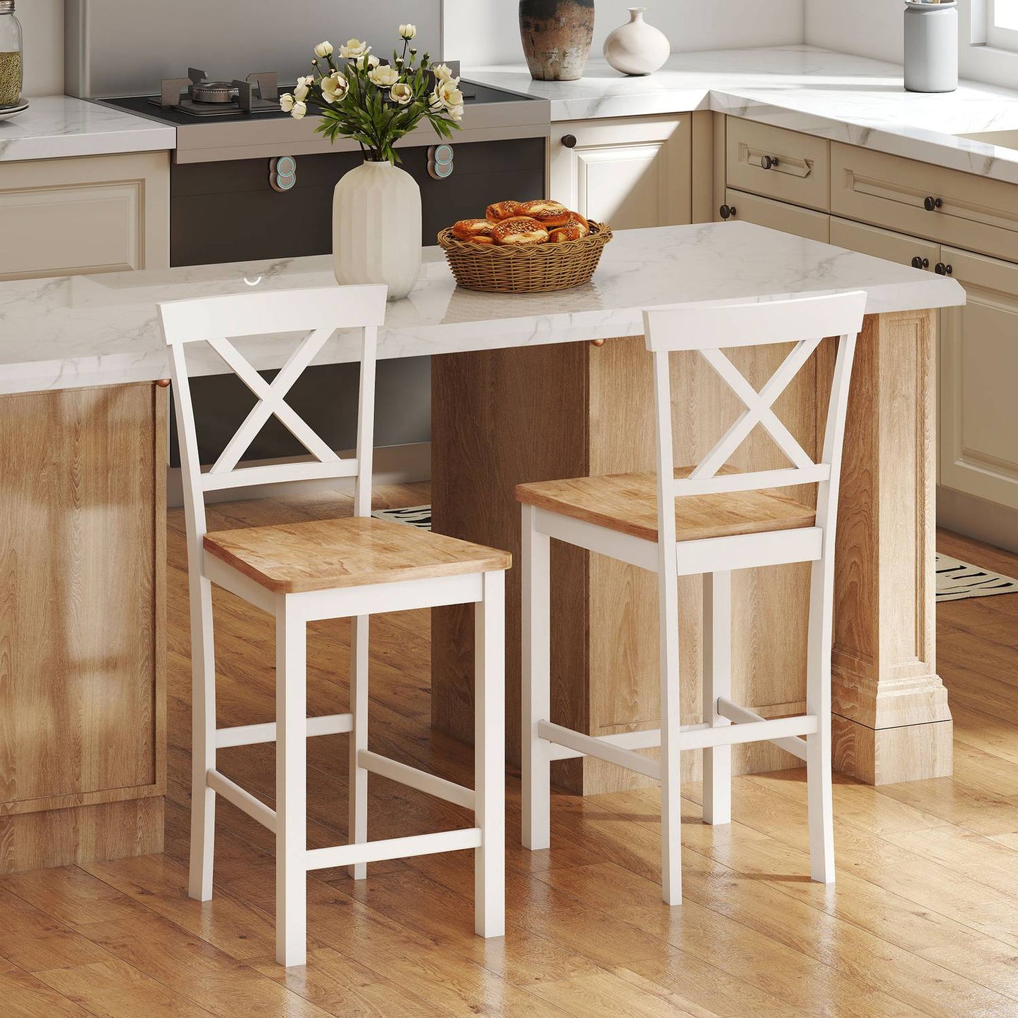 Kitchen Chairs Set of 2, Rubberwood, White Spindle Back