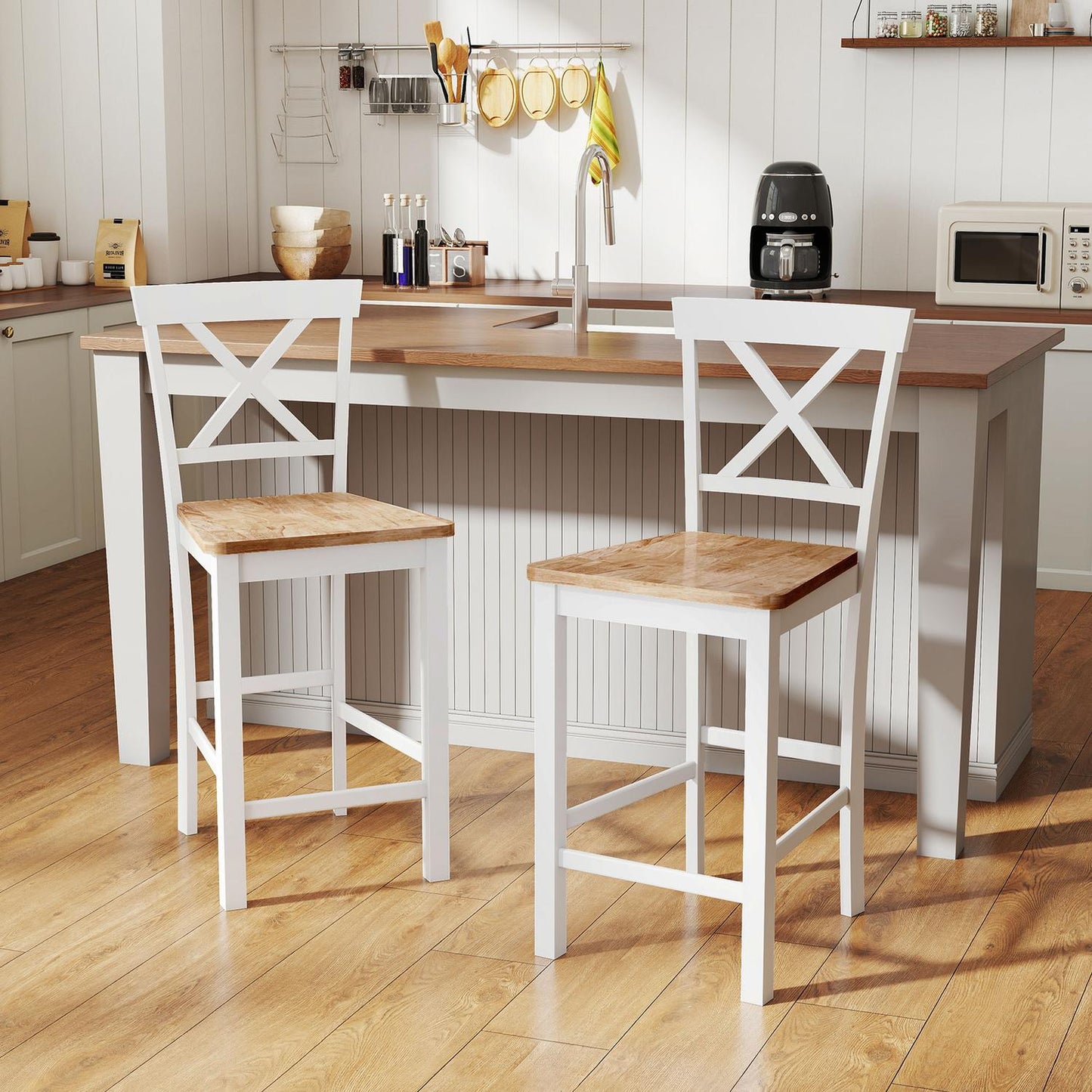 Kitchen Chairs Set of 2, Rubberwood, White Spindle Back