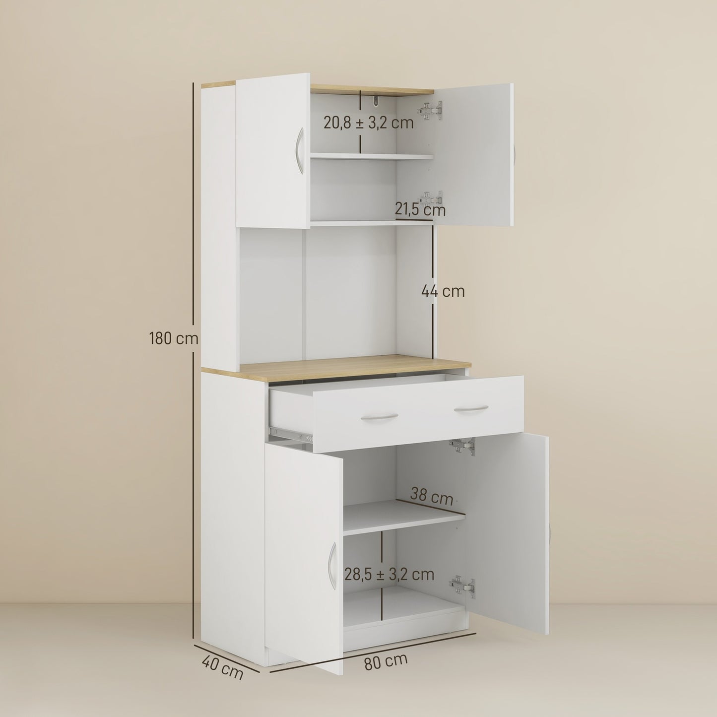White kitchen buffet with drawers and high storage, 80x40x180 cm
