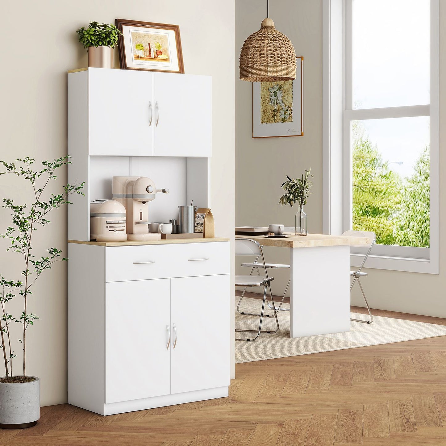 White kitchen buffet with drawers and high storage, 80x40x180 cm