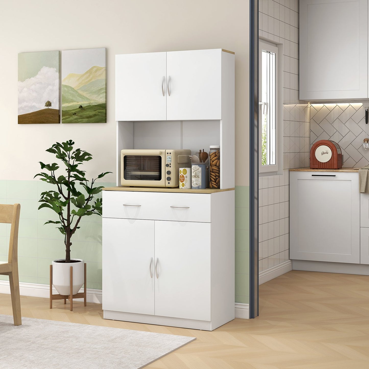 White kitchen buffet with drawers and high storage, 80x40x180 cm