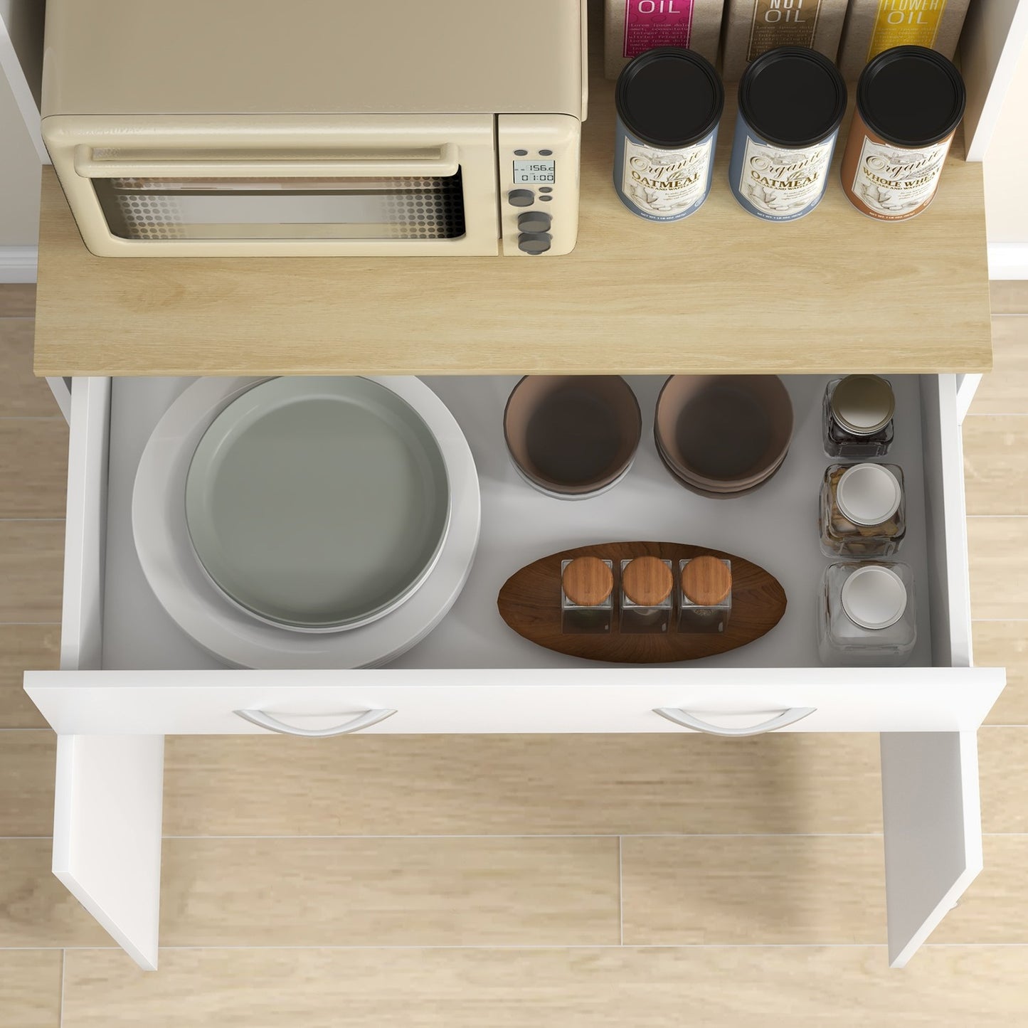 White kitchen buffet with drawers and high storage, 80x40x180 cm