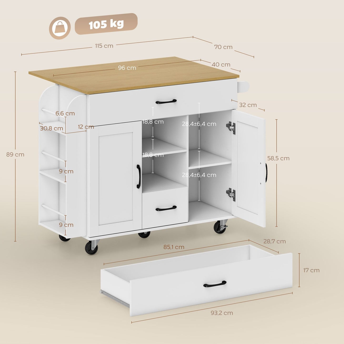 Kitchen Island Cart, Expandable Surface, Soft-Close, MDF, White