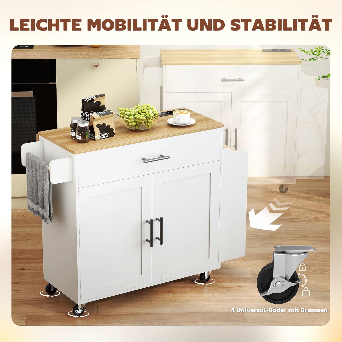 Kitchen Island Cart, Rolling, Drop-Leaf, Drawer, 120x68x85 cm, White