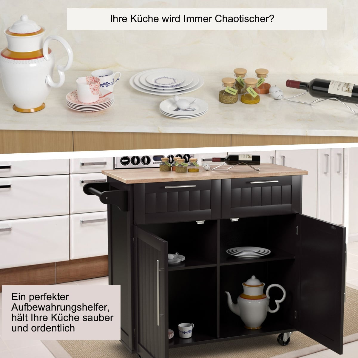Kitchen Island Cart with Drawers and Cabinets, 94x45.5x94.5 cm