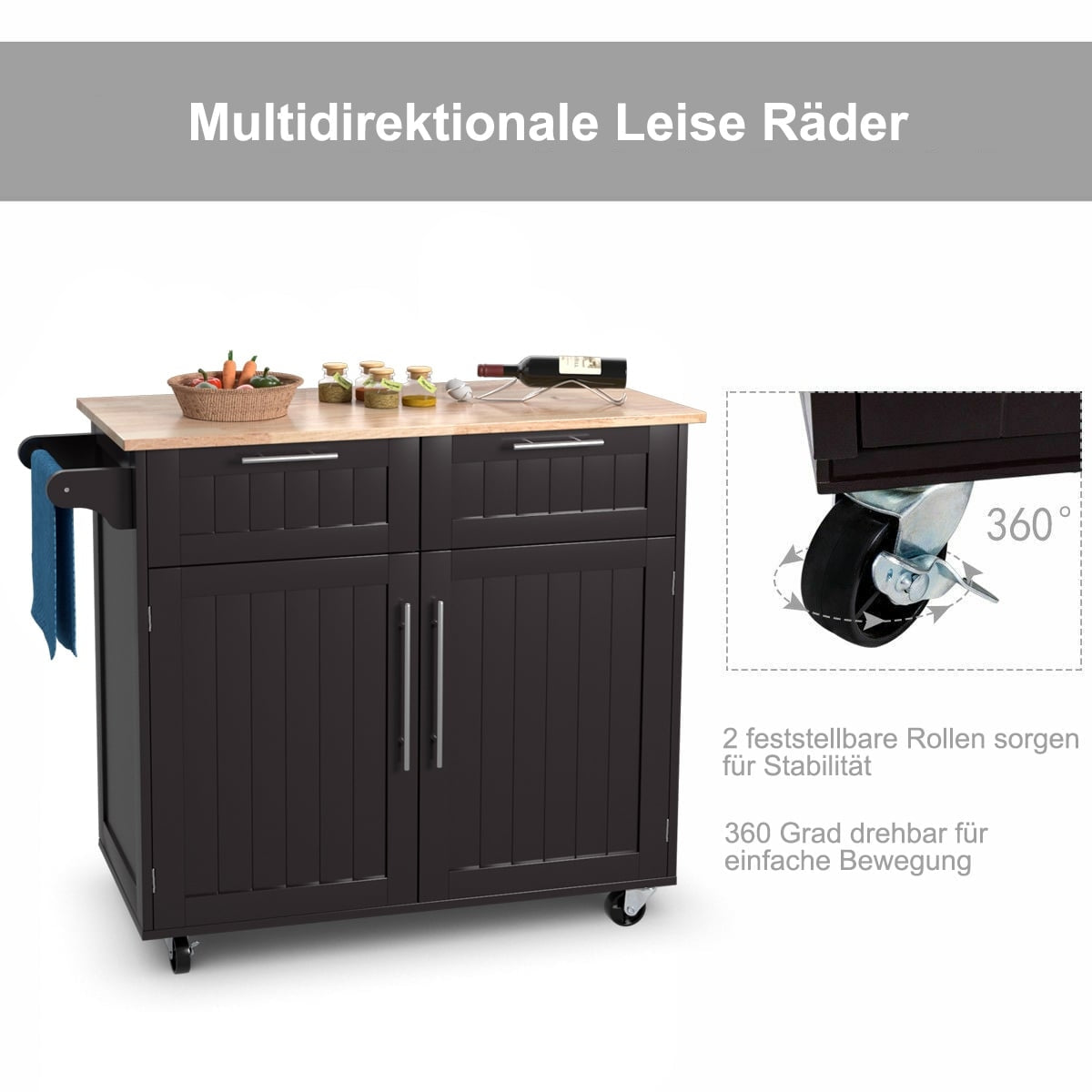Kitchen Island Cart with Drawers and Cabinets, 94x45.5x94.5 cm