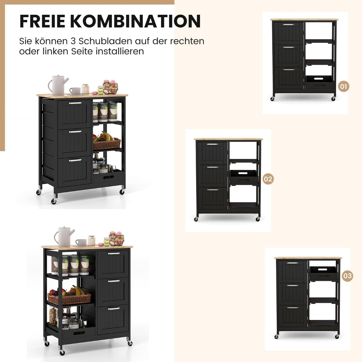 Kitchen Island Cart with Storage, Wheels, Black, 67x37x84 cm