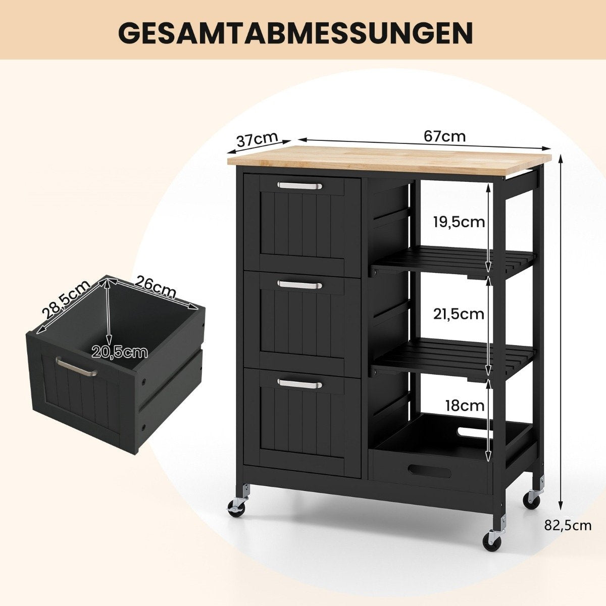 Kitchen Island Cart with Storage, Wheels, Black, 67x37x84 cm