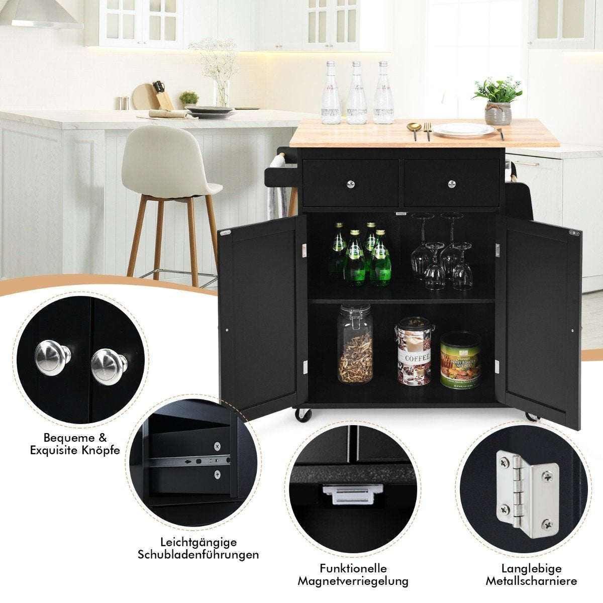 Kitchen Island with Storage Rolling Rubberwood Serving Trolley 88 x 46 x 89.5 cm Black