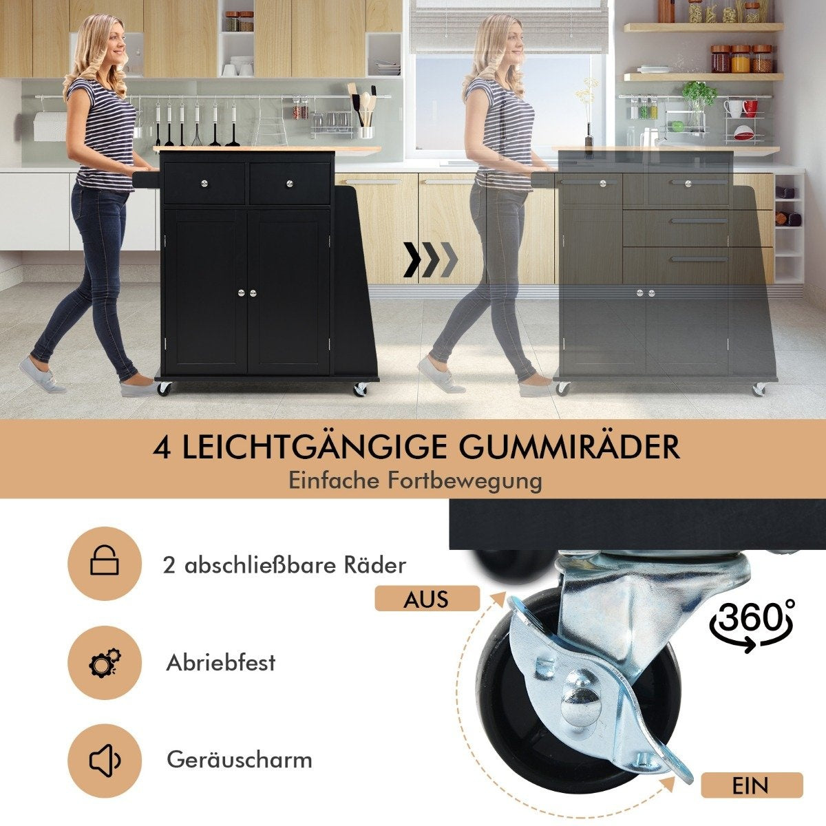 Kitchen Island with Storage Rolling Rubberwood Serving Trolley 88 x 46 x 89.5 cm Black