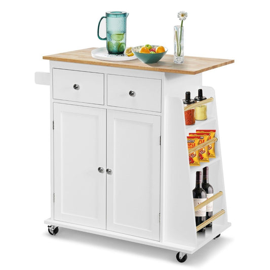 Kitchen Island with Storage Rolling Rubberwood Serving Trolley 88 x 46 x 89.5 cm White