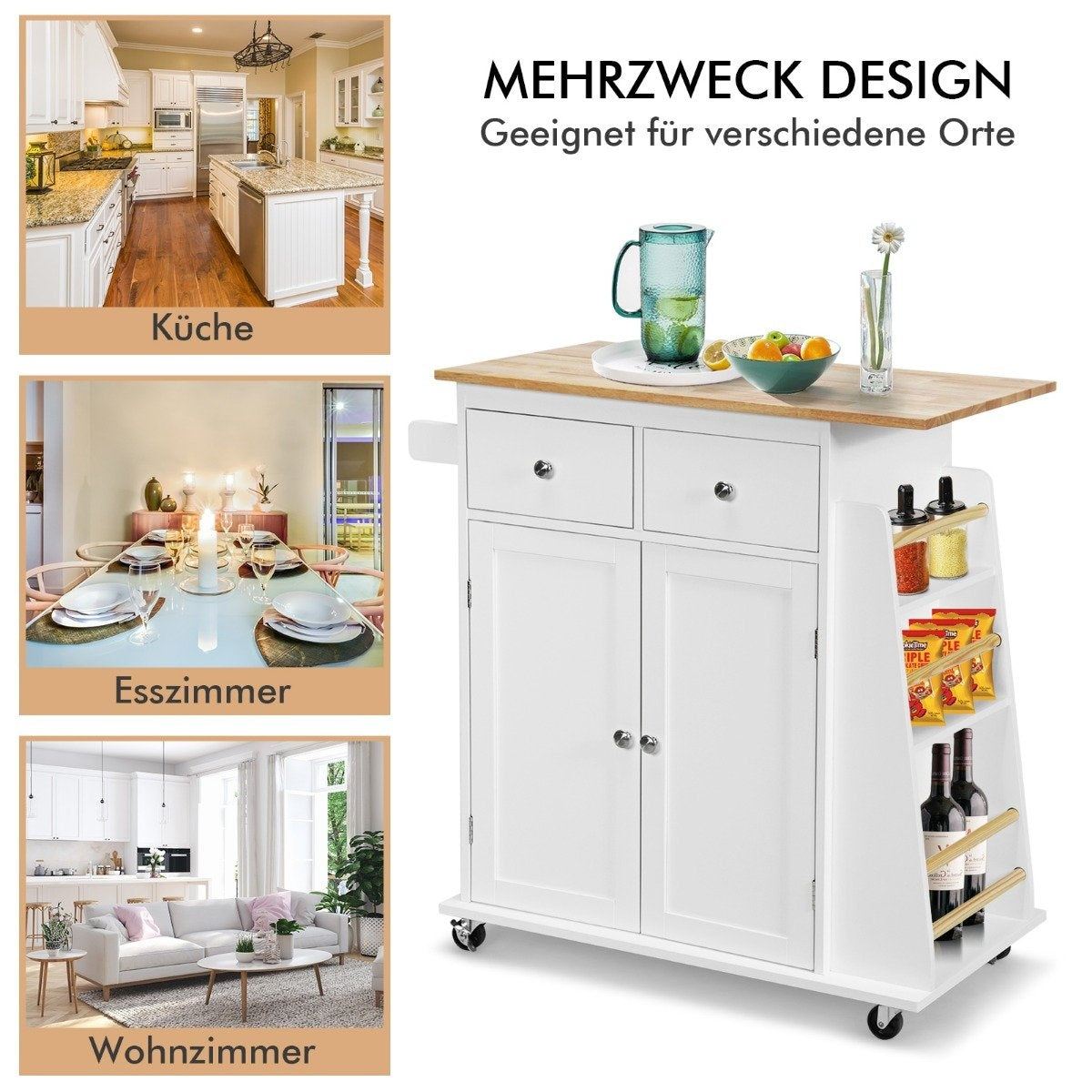 Kitchen Island with Storage Rolling Rubberwood Serving Trolley 88 x 46 x 89.5 cm White