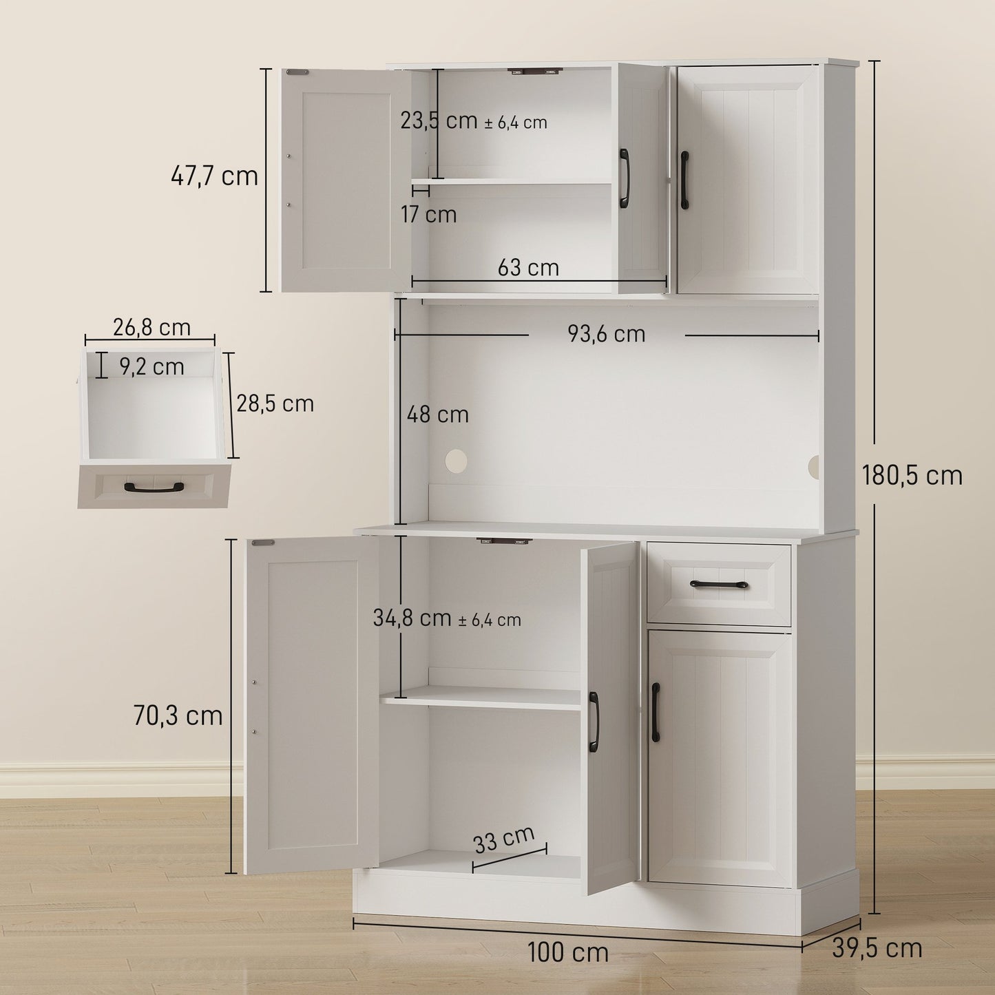 Kitchen Pantry Cabinet, 180.5 cm, Adjustable Shelves, MDF, White