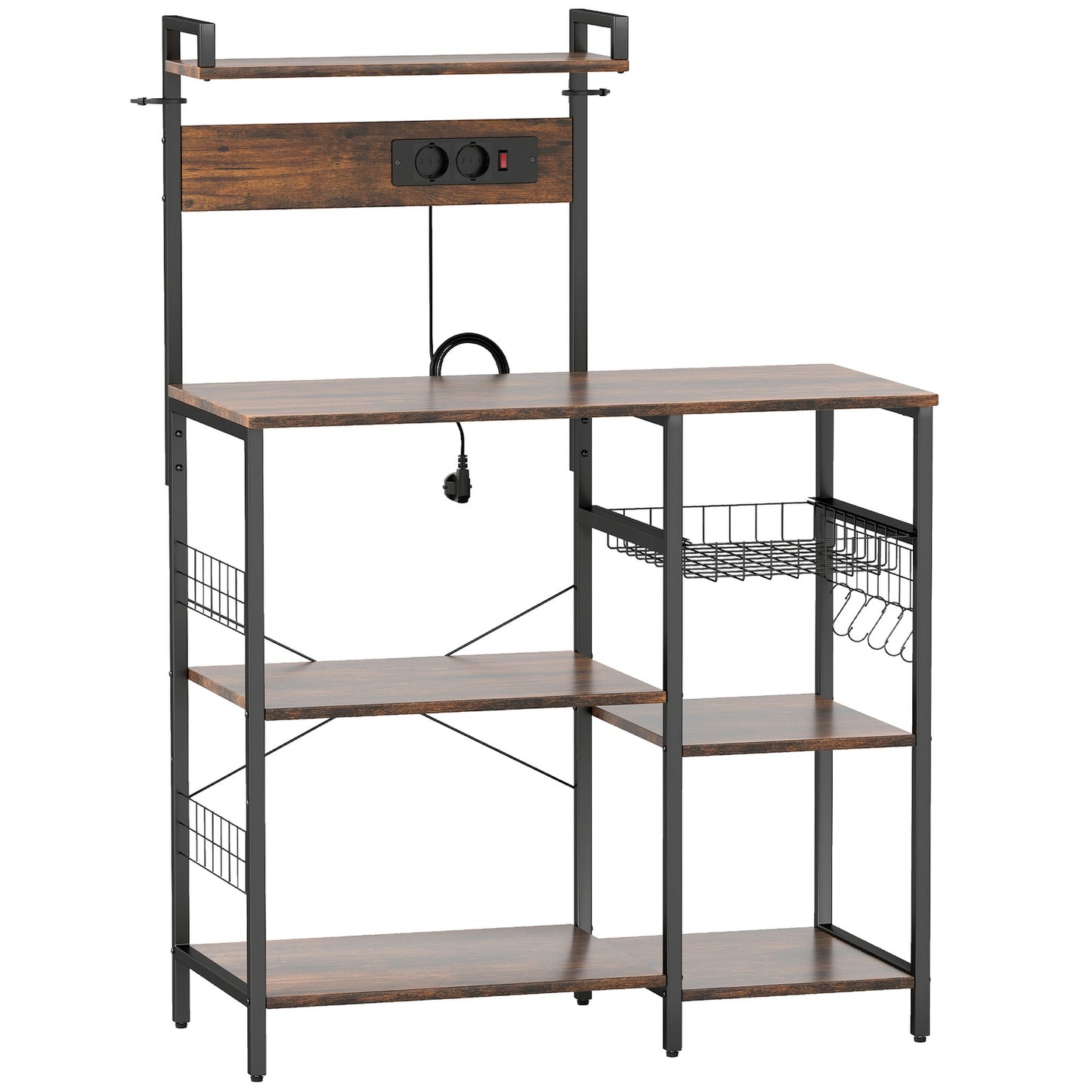 Kitchen Shelf with 2 Outlets, 5 Hooks, 5 Tiers, Steel
