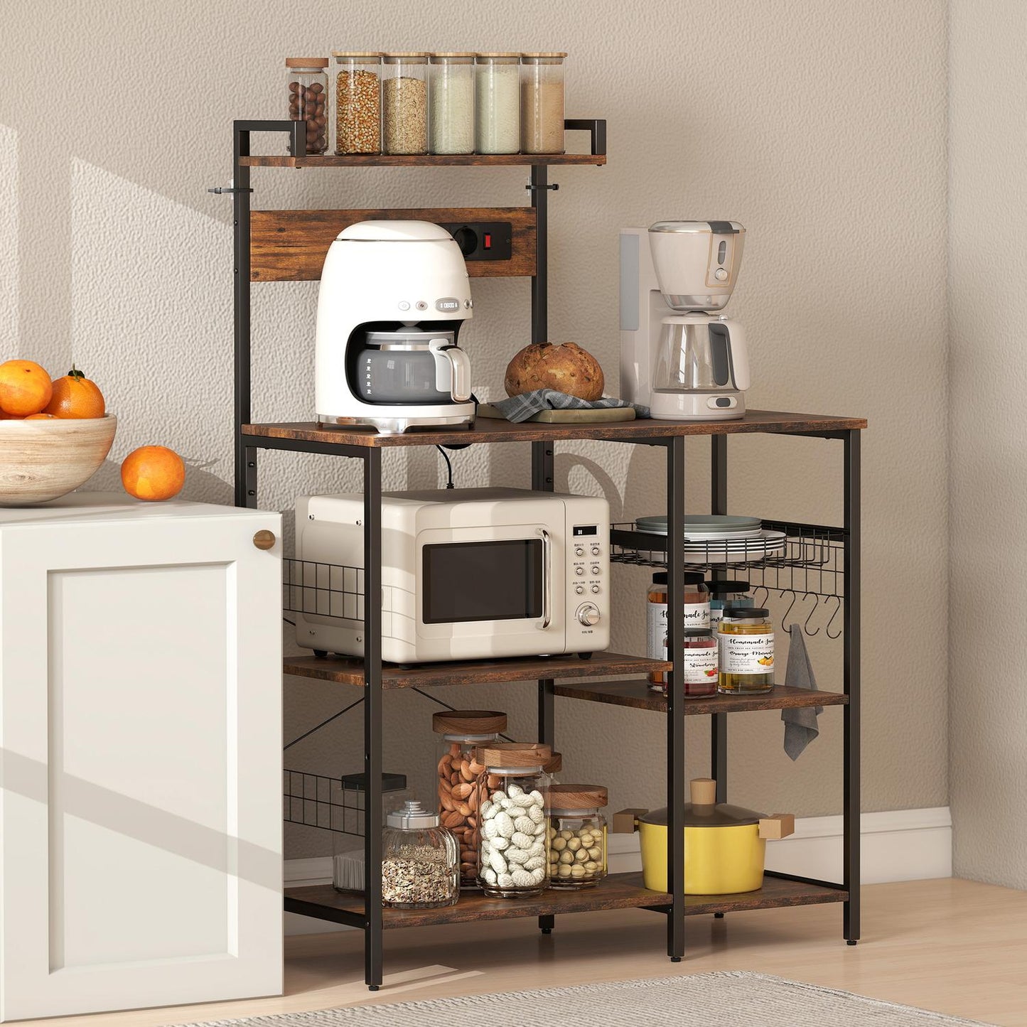 Kitchen Shelf with 2 Outlets, 5 Hooks, 5 Tiers, Steel