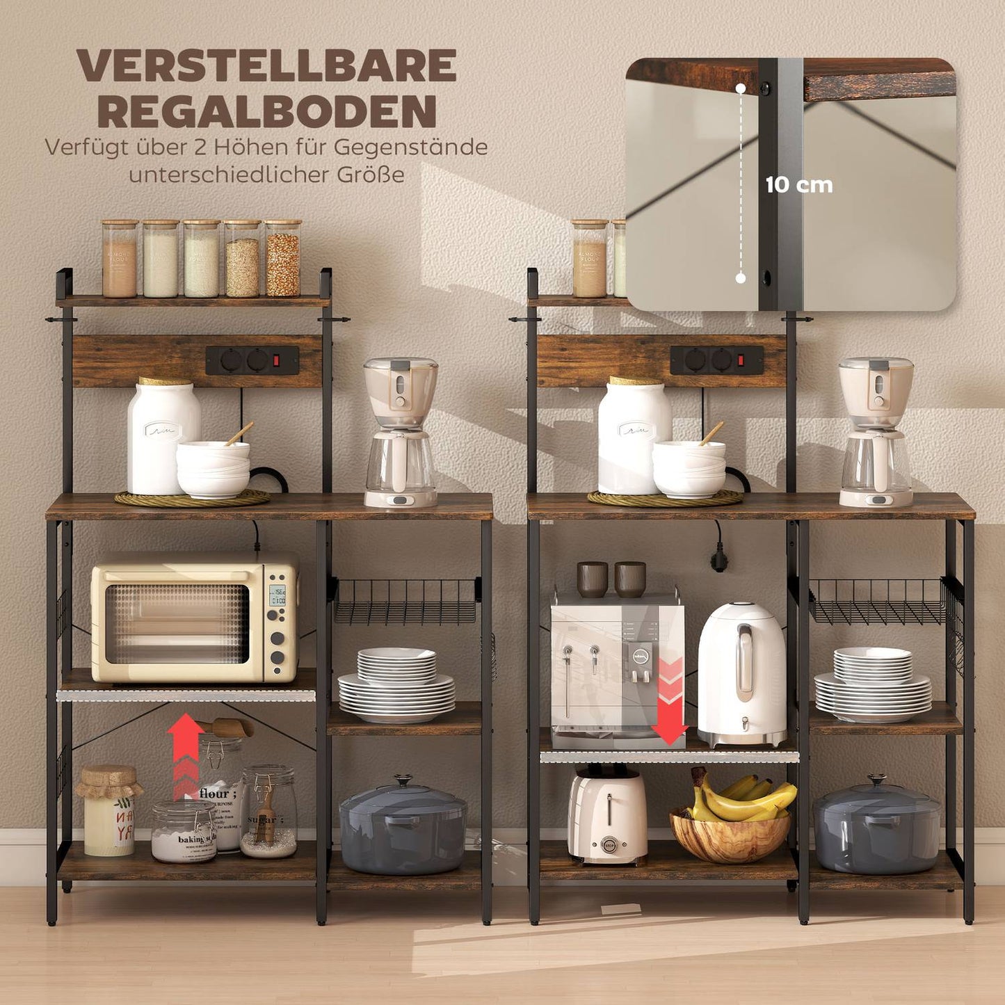 Kitchen Shelf with 2 Outlets, 5 Hooks, 5 Tiers, Steel