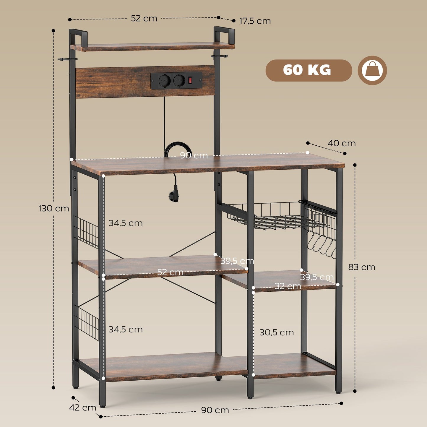 Kitchen Shelf with 2 Outlets, 5 Hooks, 5 Tiers, Steel