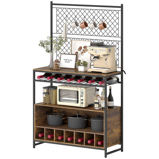Kitchen Shelf with Hooks and Wine Rack, Rustic Brown